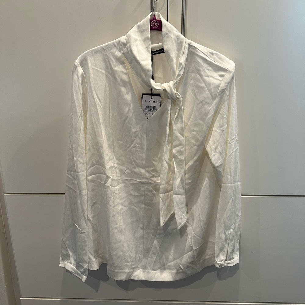 NWT J. Lindeberg Women’s White Woven Blouse with Neck Tie Size 8